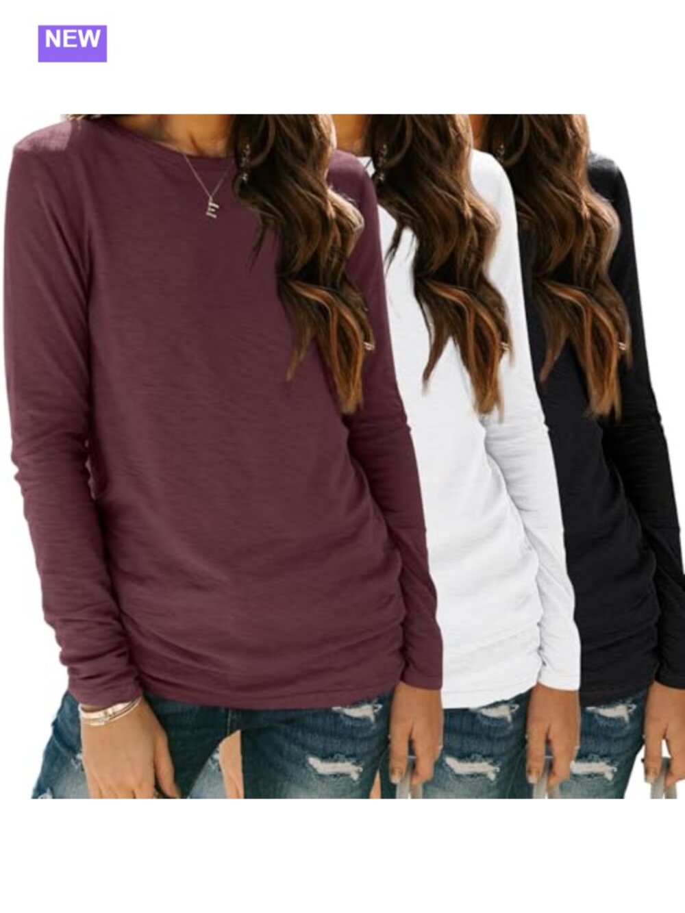 3 Pack Women's Long Sleeve Crewneck Tops Basic Fall Shirts